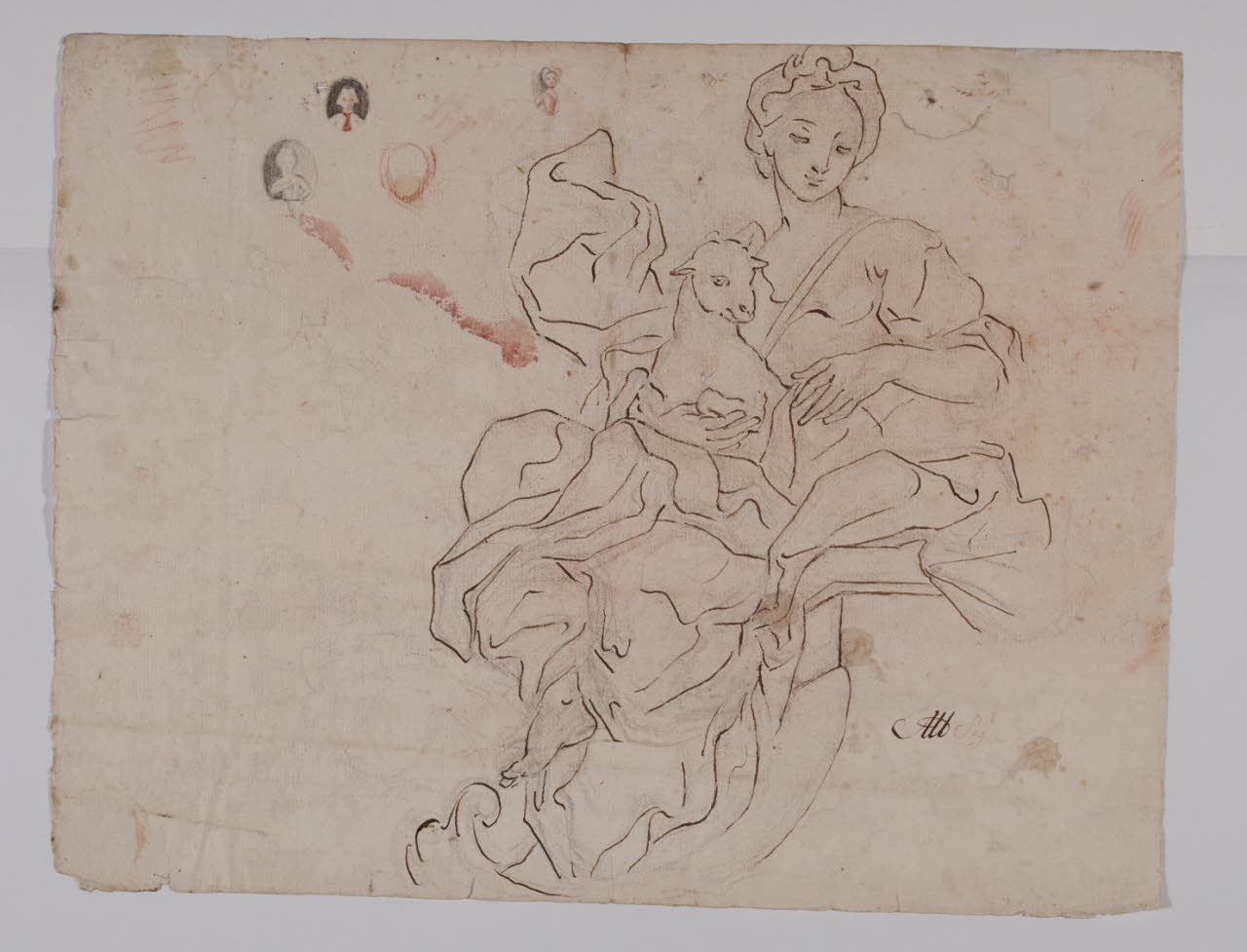 Madonna (o sant'Agnese) seduta con agnello in grembo e studi per cammei (disegno) - ambito italiano (seconda metà sec. XVIII)