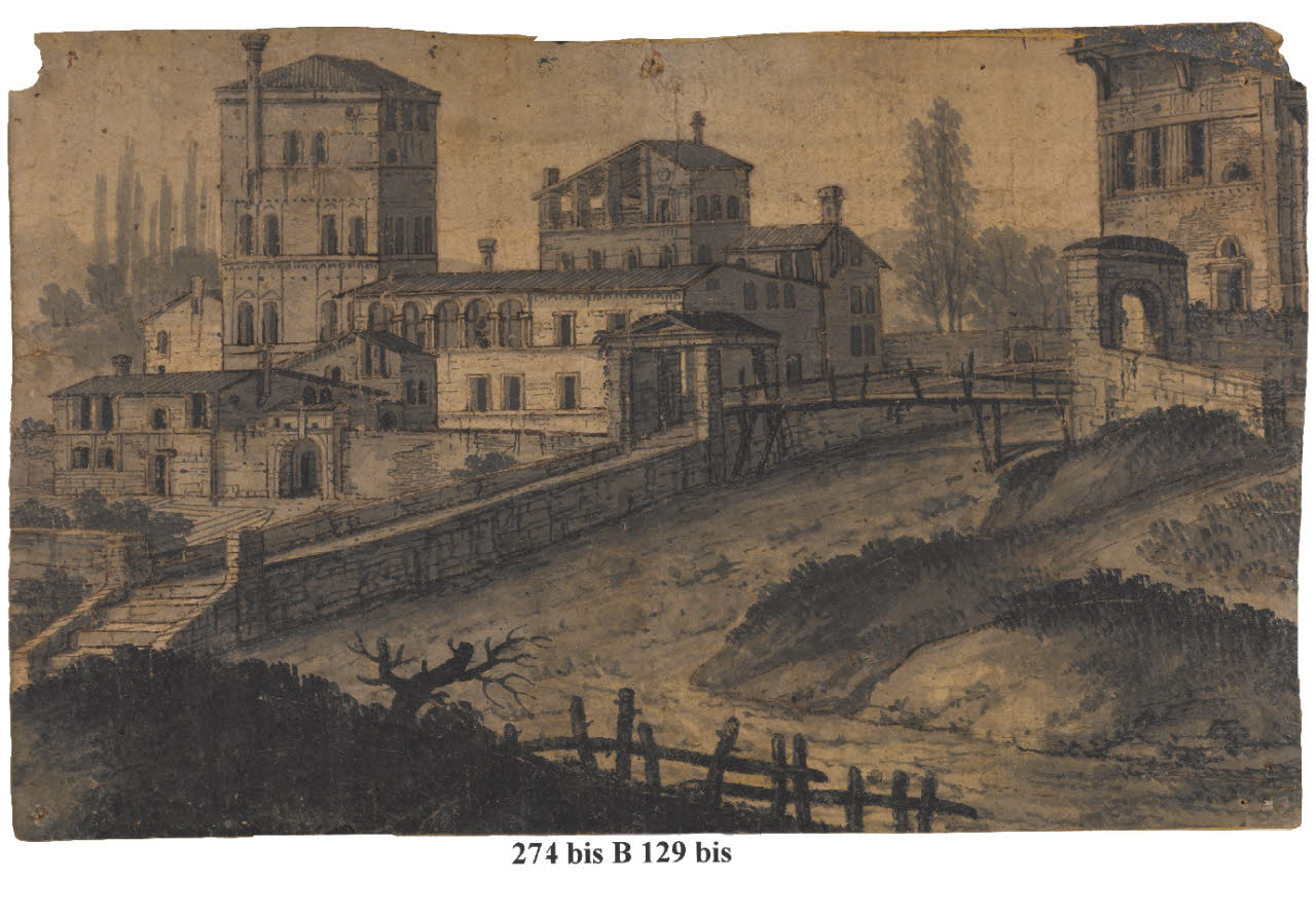Case e palazzi lungo le due rive di un corso d'acqua, Case e palazzi lungo le due rive di un corso d'acqua (disegno) di Battaglioli, Francesco (sec. XVIII)