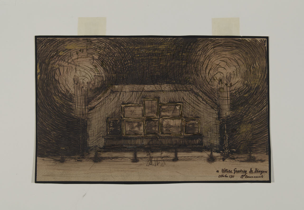 Progetto per allestimento espositivo del polittico "L'inverno in montagna" di Vittore Grubicy de Dragon (disegno) di Benvenuti, Benvenuto (sec. XX)