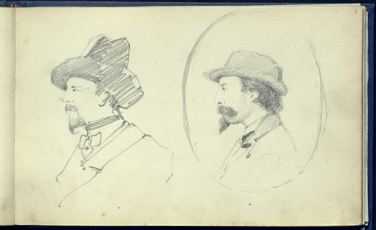 Due ritratti a mezzobusto di uomini barbuti con cappello visti di profilo (disegno) di Bianchi, Mosè; Bianchi, Mosè (seconda metà sec. XIX)