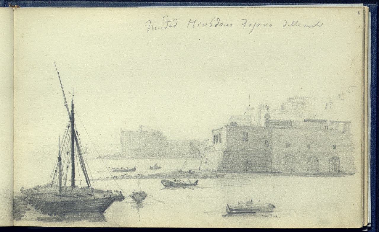 Porto di mare con fortificazioni, un veliero e diverse imbarcazioni (disegno) di Bianchi, Mosè; Bianchi, Mosè (seconda metà sec. XIX)