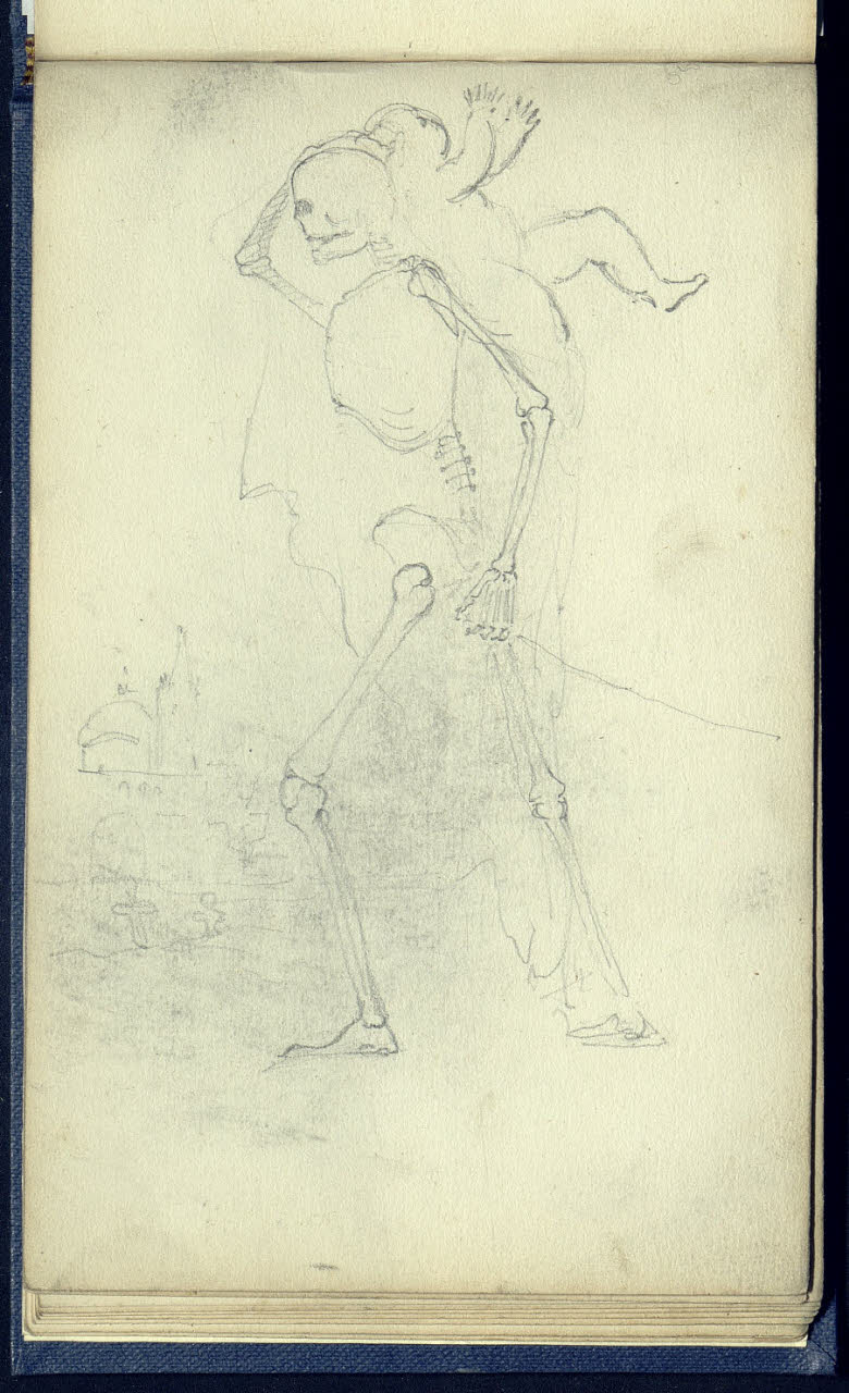 Abbozzo di paesaggio con uno scheletrocon un putto sulle spalle (disegno) di Bianchi, Mosè; Bianchi, Mosè (seconda metà sec. XIX)