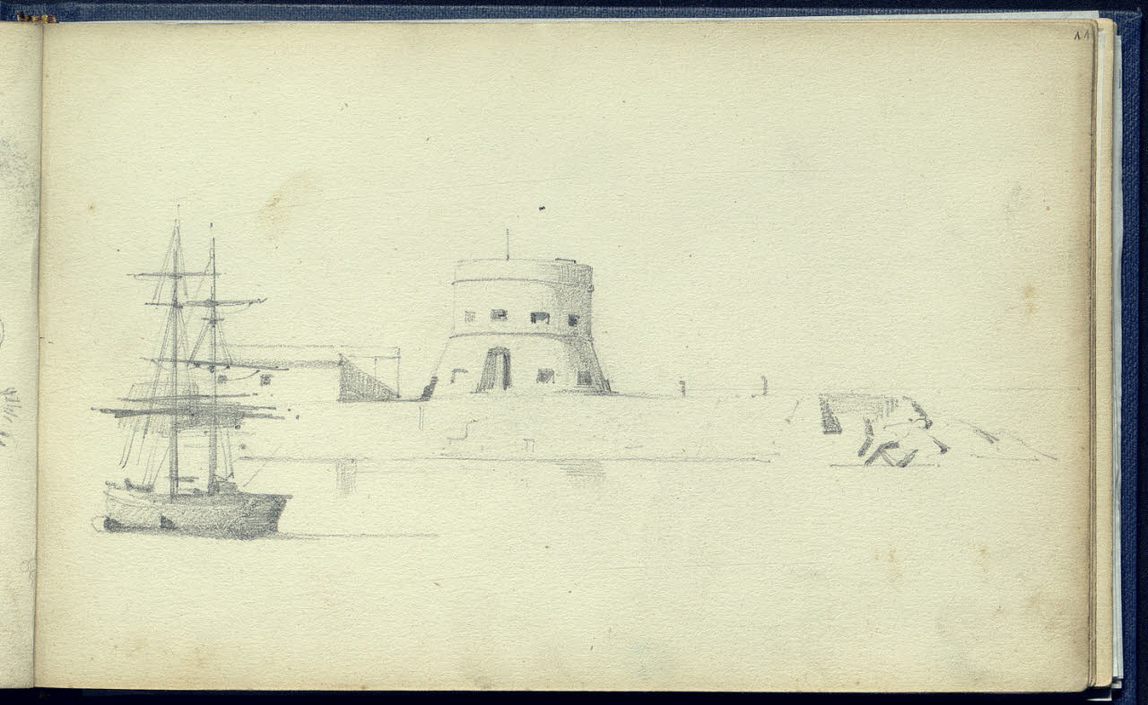 Forte con antistante un veliero ormeggiato (disegno) di Bianchi, Mosè; Bianchi, Mosè (seconda metà sec. XIX)