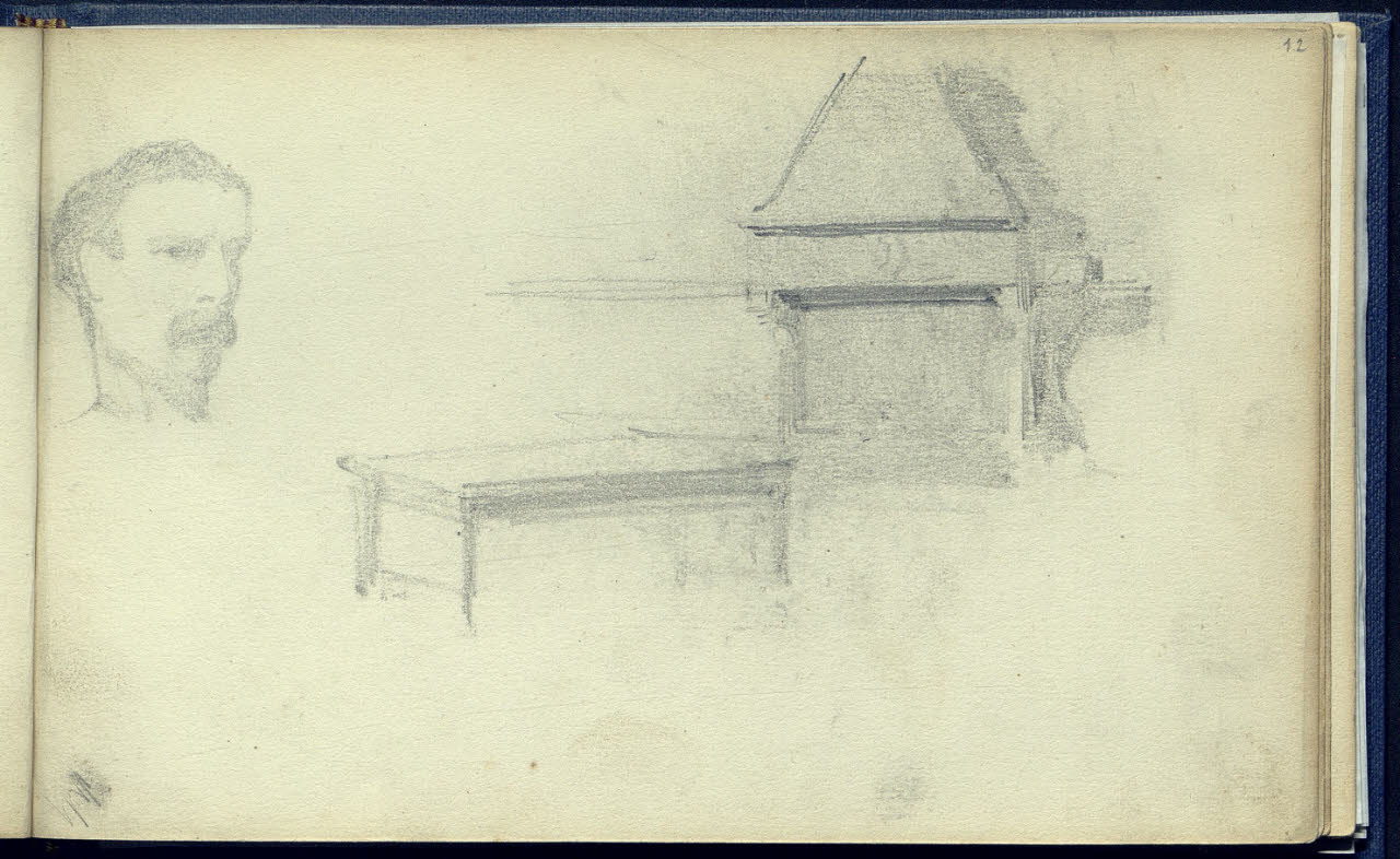 Studi per un camino, un tavolo e una testa maschile (disegno) di Bianchi, Mosè; Bianchi, Mosè (seconda metà sec. XIX)