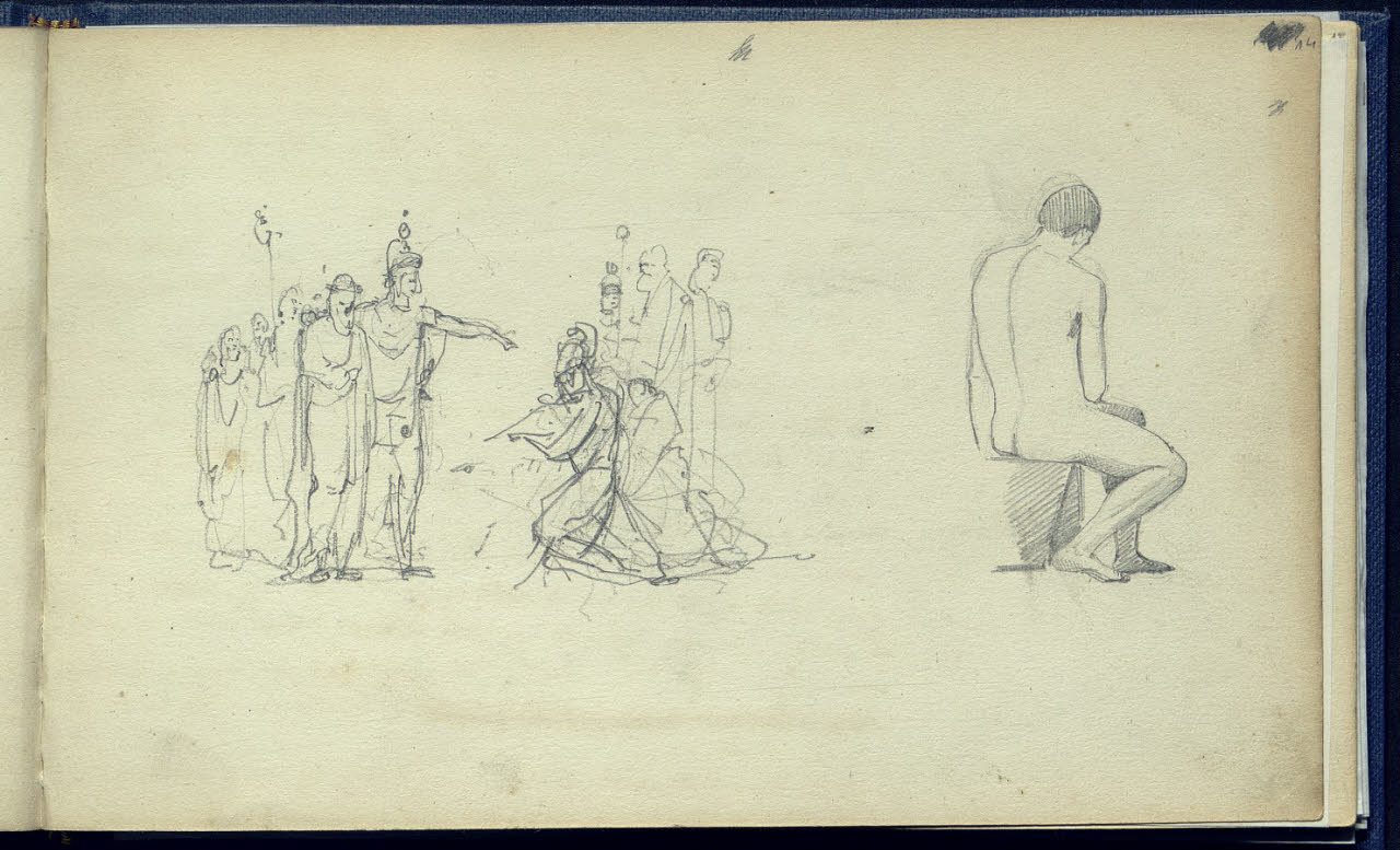 Schizzo di una scena storica e studio accademico di un nudo maschile di spalle (disegno) di Bianchi, Mosè; Bianchi, Mosè (seconda metà sec. XIX)
