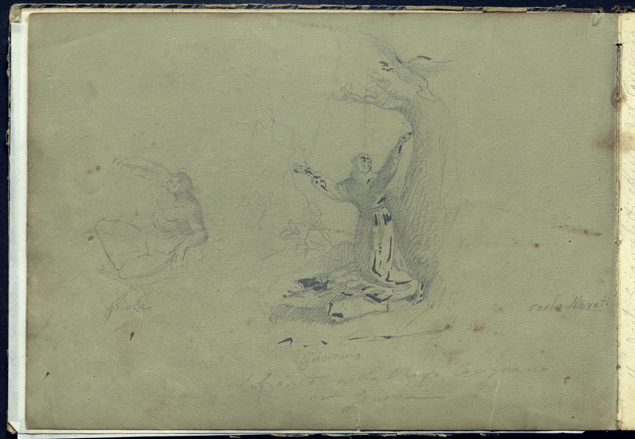 Figuretta maschile nuda e schizzo del San Francesco di Guercino per la chiesa di San Giovanni in Persiceto (disegno) di Bianchi, Mosè; Bianchi, Mosè (seconda metà sec. XIX)