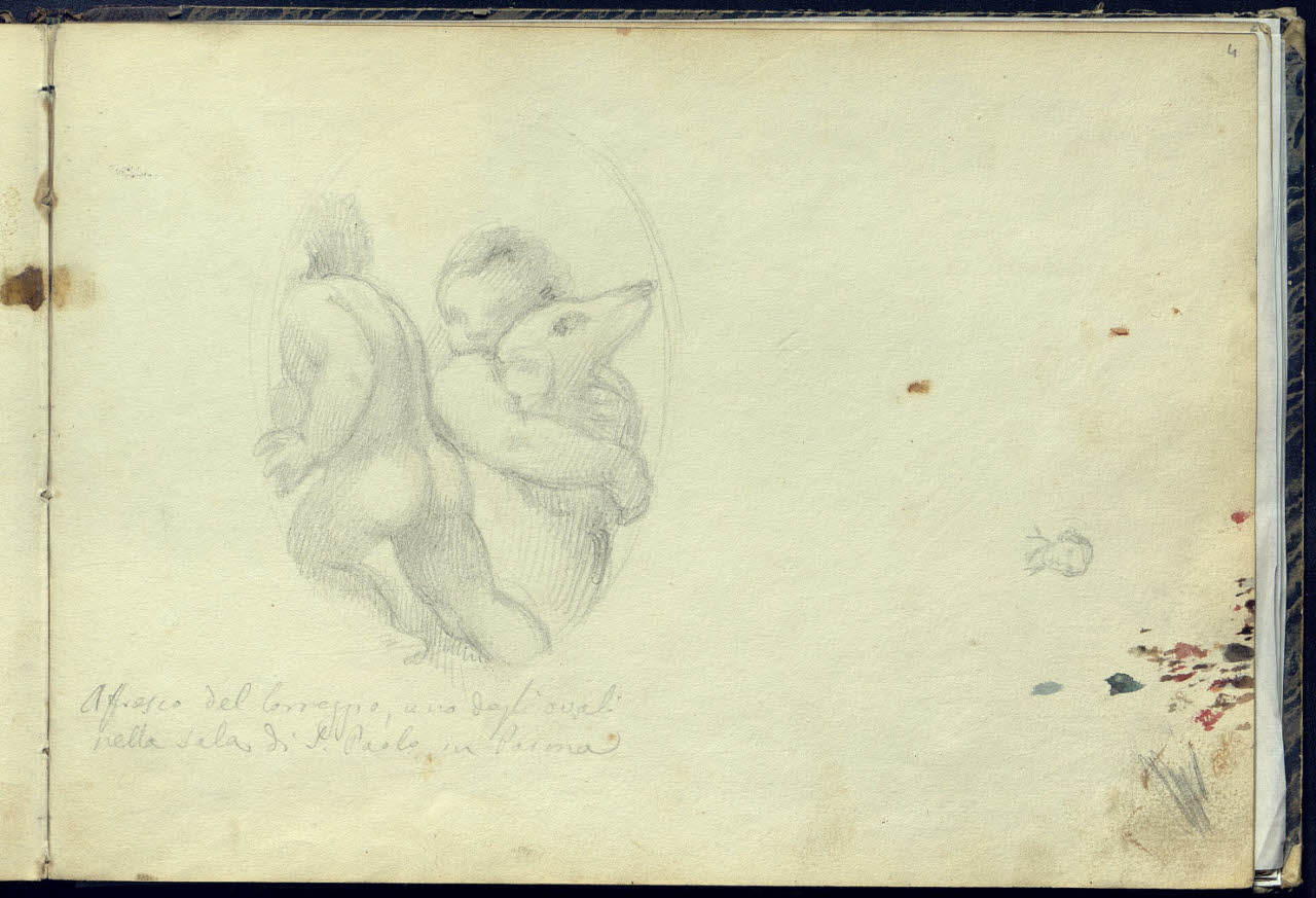 Rilievo da un affresco del Correggio nella Camera della Badessa a Parma con due putti e un cane (disegno) di Bianchi, Mosè; Bianchi, Mosè (seconda metà sec. XIX)