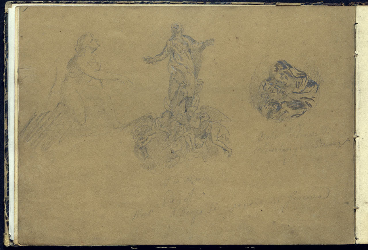 Figura nuda inginocchiata. L' Immacolata concezione di Pierre Puget dall'Albergo dei Poveri di Genova. Una pietà da un bassorilievo di Michelangelo (disegno) di Bianchi, Mosè; Bianchi, Mosè (seconda metà sec. XIX)