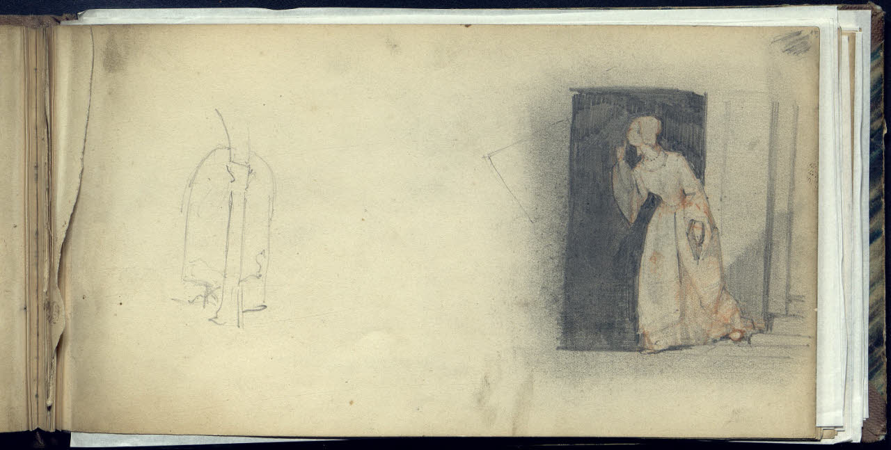 Abbozzo di un particolare architettonico e figuretta femminile alla porta in atto di zittire (disegno) di Bianchi, Mosè; Bianchi, Mosè (seconda metà sec. XIX)