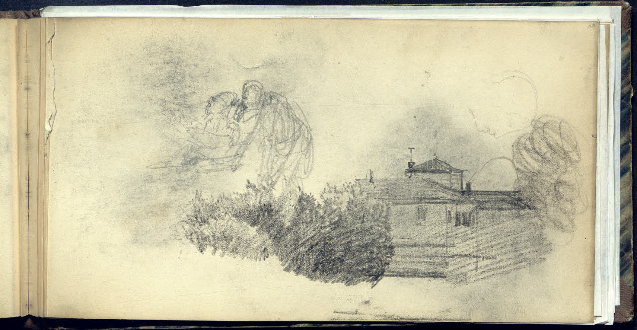 Paesaggio con case e alberi (disegno) di Bianchi, Mosè; Bianchi, Mosè (seconda metà sec. XIX)