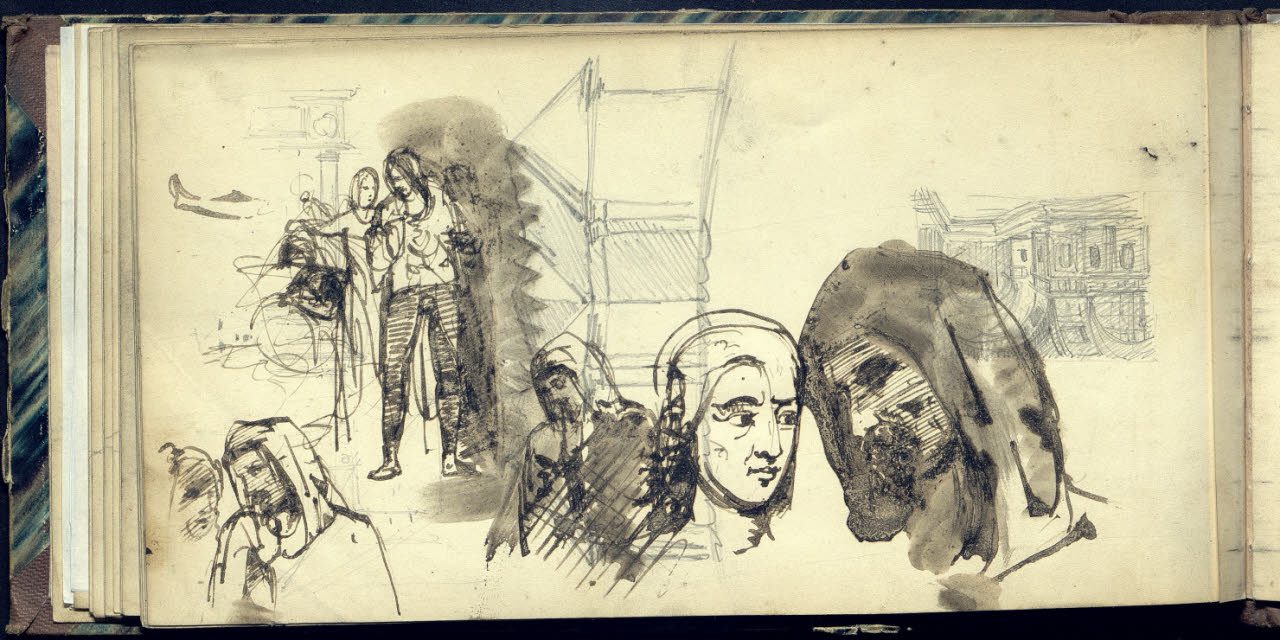 Particolari architettonici e teste e figurette maschili e femminili (disegno) di Bianchi, Mosè; Bianchi, Mosè (seconda metà sec. XIX)