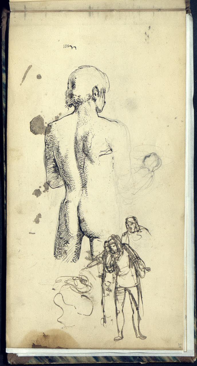 Studio di nudo maschile di spalle e a tre quarti e schizzi di figurette maschili (disegno) di Bianchi, Mosè; Bianchi, Mosè (seconda metà sec. XIX)