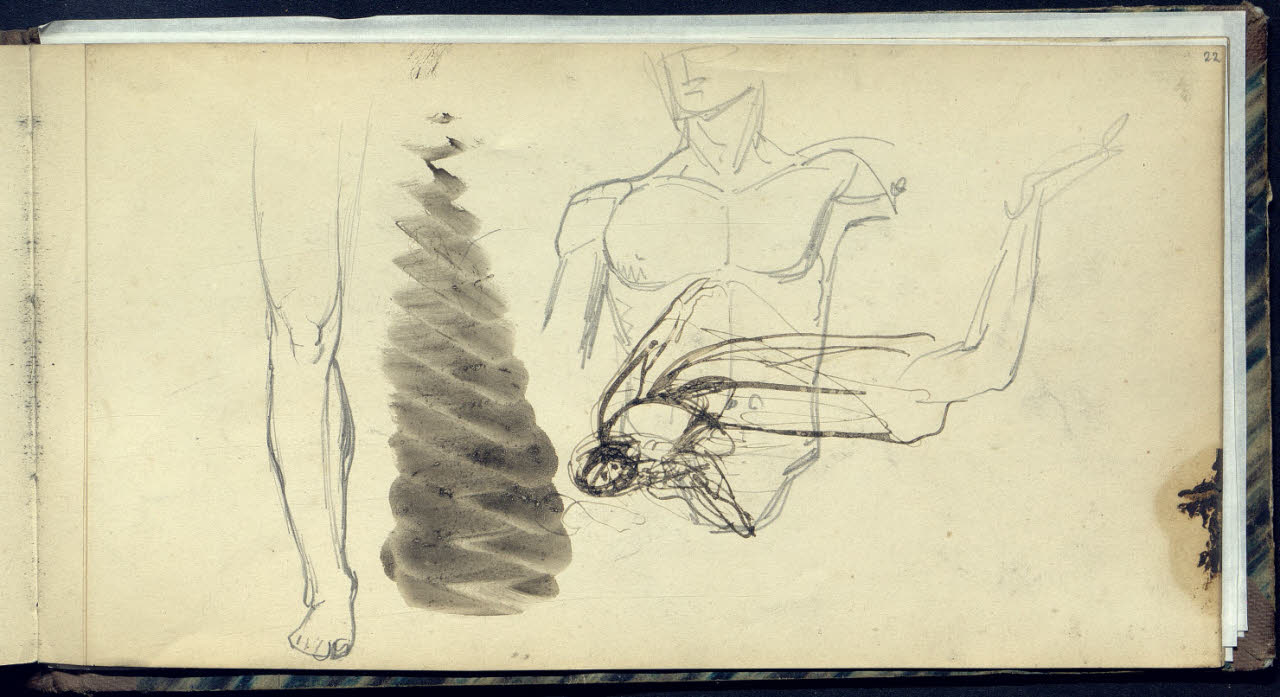 Studi per un torso maschile, una gamba e una figuretta femminile (disegno) di Bianchi, Mosè; Bianchi, Mosè (seconda metà sec. XIX)