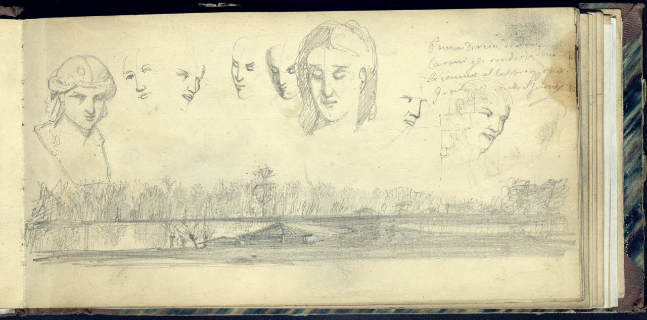 Corso d'acqua alberato con capanne e otto studi di teste (disegno) di Bianchi, Mosè; Bianchi, Mosè (seconda metà sec. XIX)