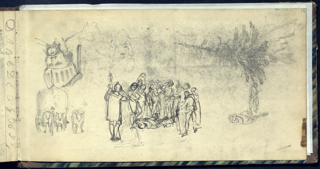 Abbozzi vari con particolari di armature, due teste maschili, un albero e una scena con astanti (disegno) di Bianchi, Mosè; Bianchi, Mosè (seconda metà sec. XIX)