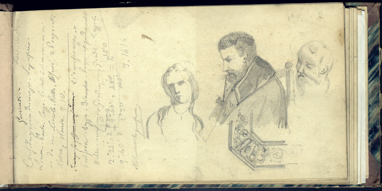 Due teste maschili, una femminile e particolare decorativo (disegno) di Bianchi, Mosè; Bianchi, Mosè (seconda metà sec. XIX)