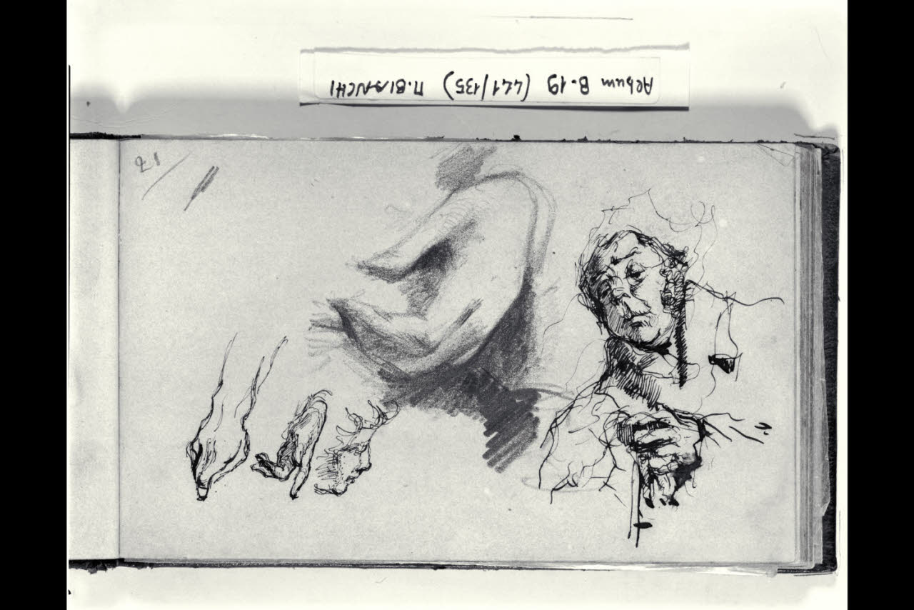 Studi di mani, profilo di una testa femminile e vecchio a mezzo busto (disegno) di Bianchi, Mosè; Bianchi, Mosè (seconda metà sec. XIX)