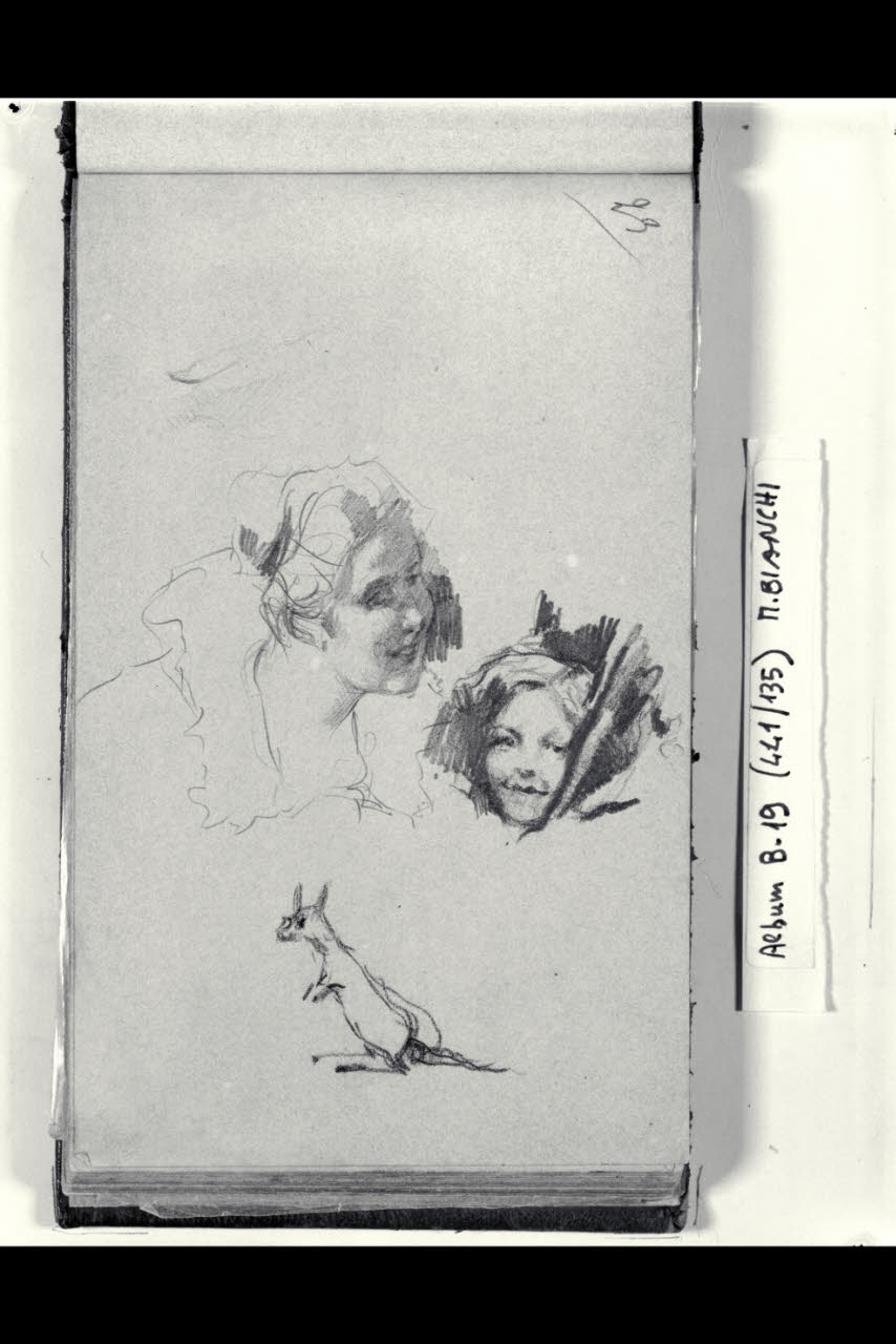 Testina di bimba e testa di fanciulla, topolino ritto sulle zampe posteriori (disegno) di Bianchi, Mosè; Bianchi, Mosè (seconda metà sec. XIX)