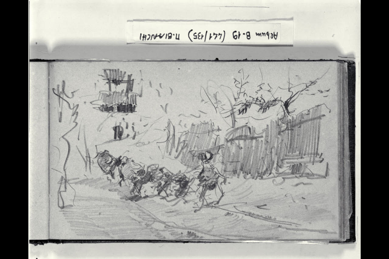 Abbozzo di una strada di un paese con contadino che guida un carro trainato da buoi (disegno) di Bianchi, Mosè; Bianchi, Mosè (seconda metà sec. XIX)