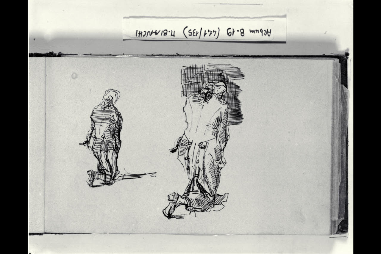 Due figurette maschili inginocchiate in costume (disegno) di Bianchi, Mosè; Bianchi, Mosè (seconda metà sec. XIX)