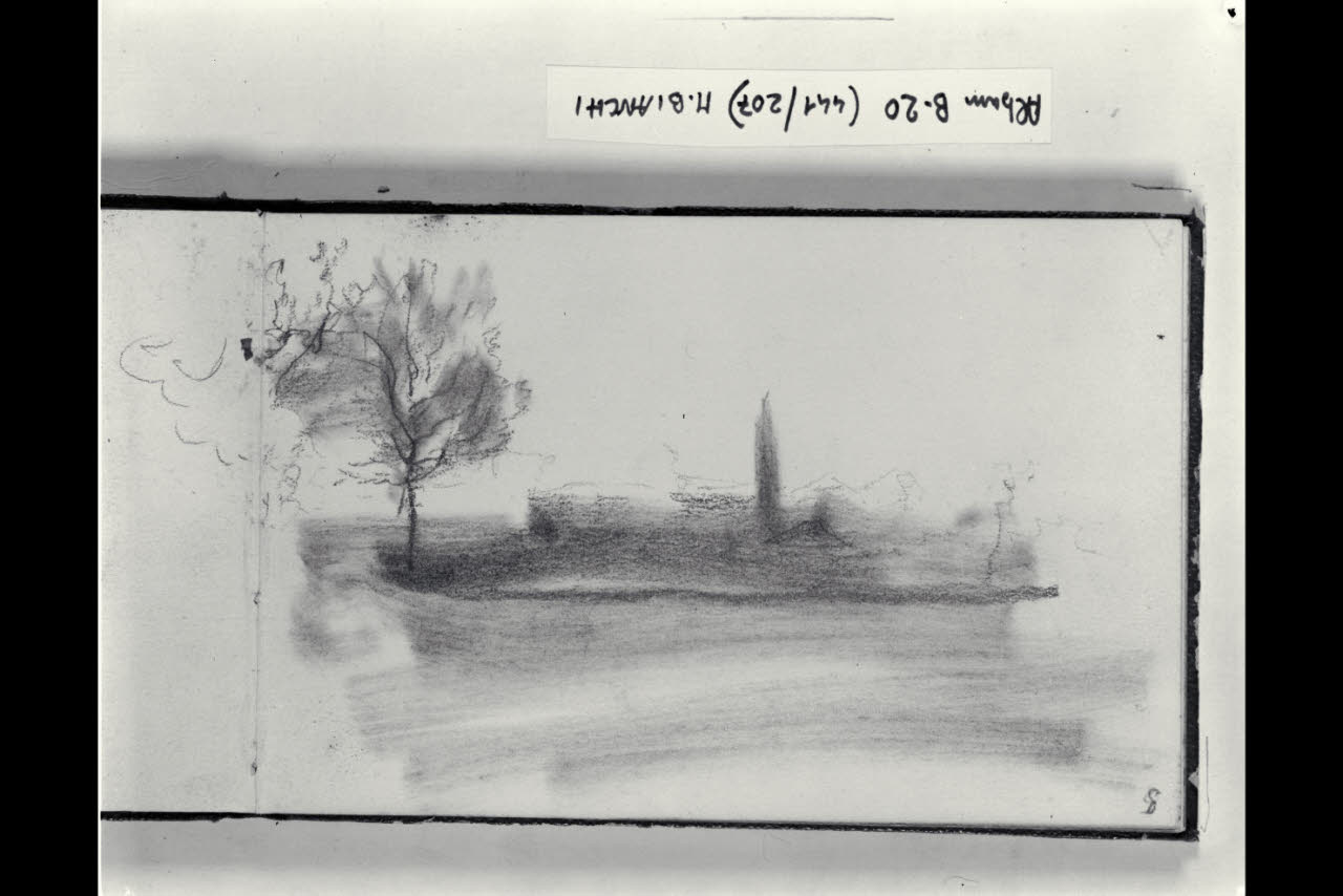 Paesaggio con alberi e campanile (disegno) di Bianchi, Mosè; Bianchi, Mosè (seconda metà sec. XIX)