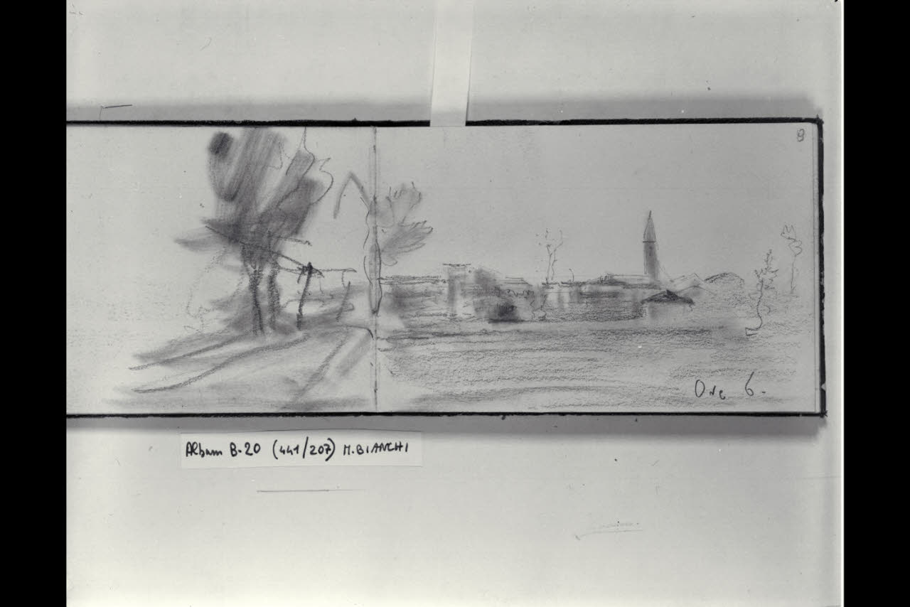 Paesaggio con case, alberi e campanile (disegno) di Bianchi, Mosè; Bianchi, Mosè (seconda metà sec. XIX)