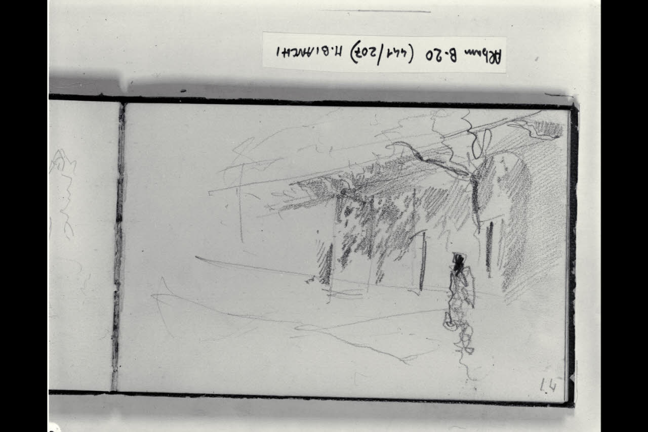 Macchietta in cammino su una strada davanti ad una casa (disegno) di Bianchi, Mosè; Bianchi, Mosè (seconda metà sec. XIX)