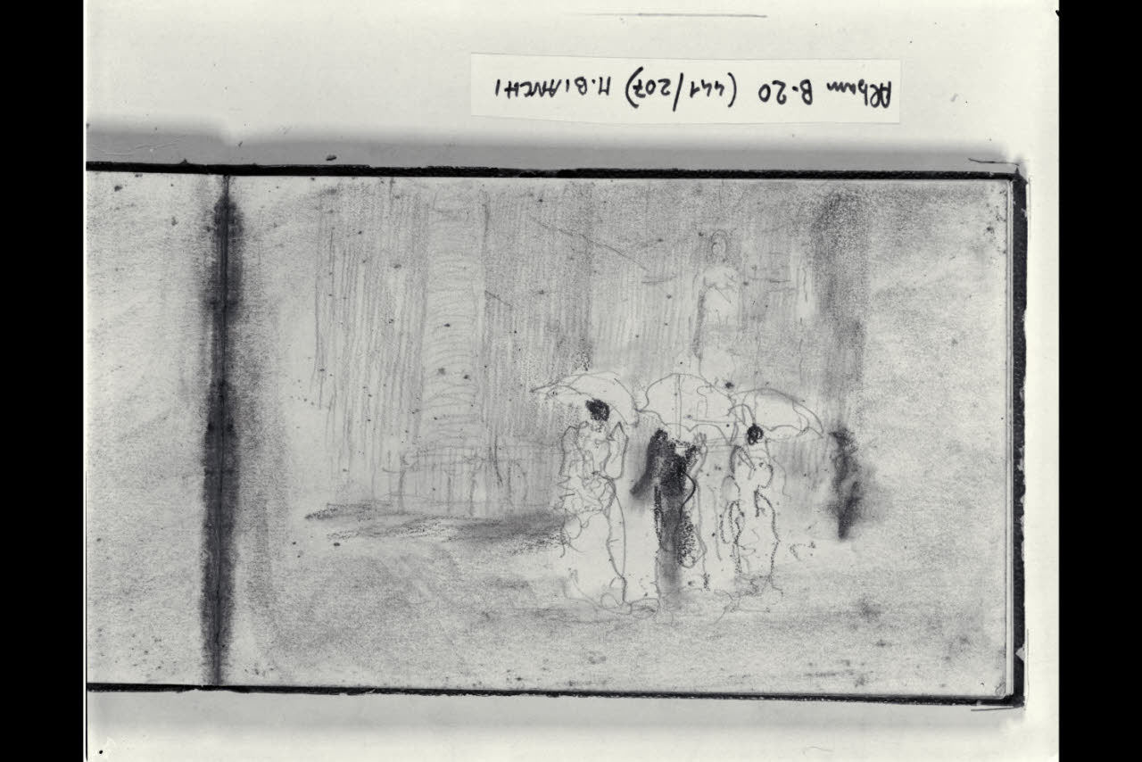 Tre figurette all'aperto che si riparano sotto ombrelli (disegno) di Bianchi, Mosè; Bianchi, Mosè (seconda metà sec. XIX)