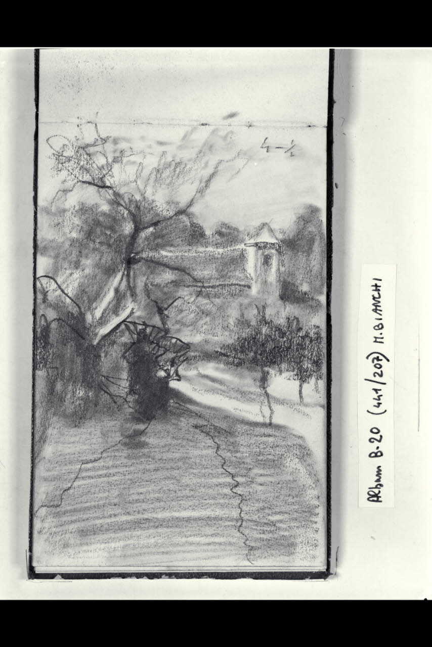 Strada campestre alberata con chiesetta sul fondo (disegno) di Bianchi, Mosè; Bianchi, Mosè (seconda metà sec. XIX)