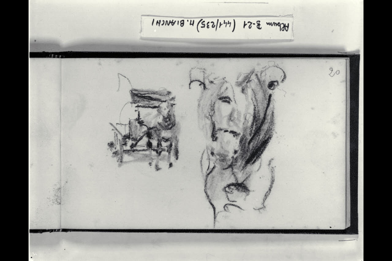 Cavallo attaccato a un carro e particolare del muso di un cavallo (disegno) di Bianchi, Mosè; Bianchi, Mosè (seconda metà sec. XIX)