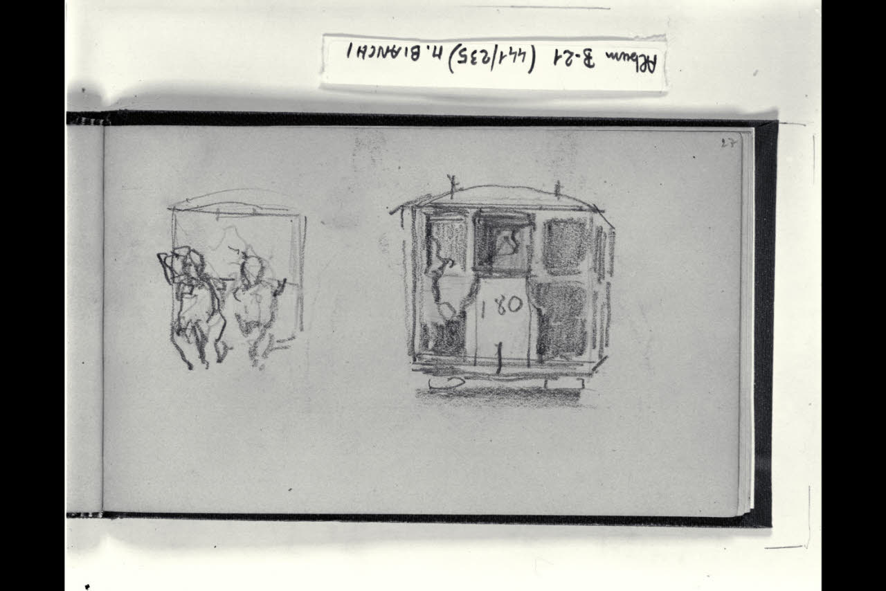 Abbozzo di un tram a cavalli con cavalli in corsa e parte posteriore del mezzo di trasporto (disegno) di Bianchi, Mosè; Bianchi, Mosè (seconda metà sec. XIX)