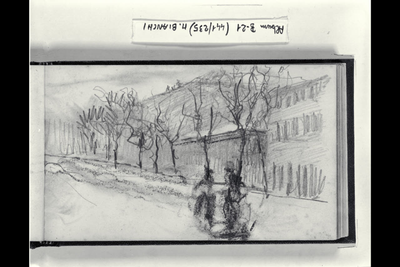 Strada urbana alberata con due figurette (disegno) di Bianchi, Mosè; Bianchi, Mosè (seconda metà sec. XIX)