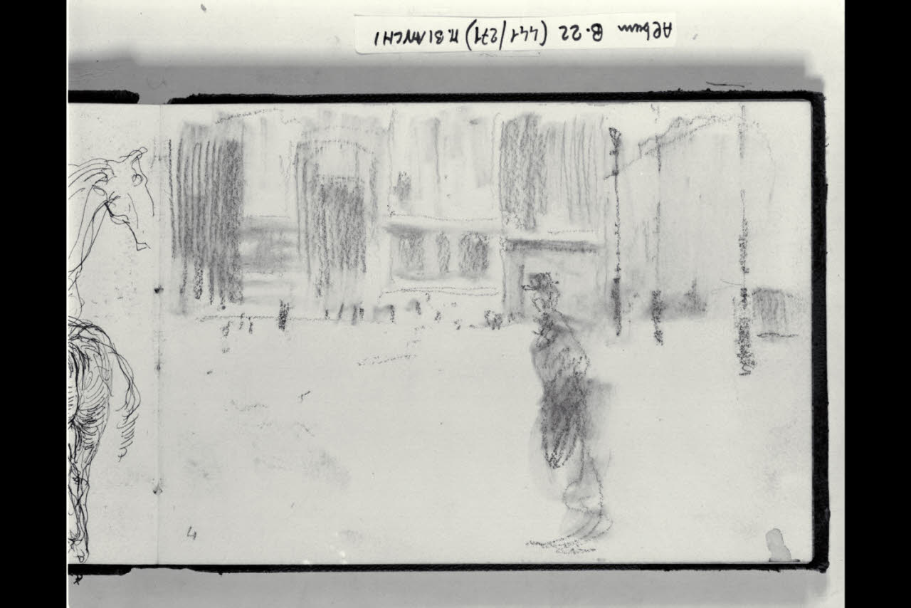 Schizzo con figuretta che passeggia per una piazza (disegno) di Bianchi, Mosè; Bianchi, Mosè (seconda metà sec. XIX)