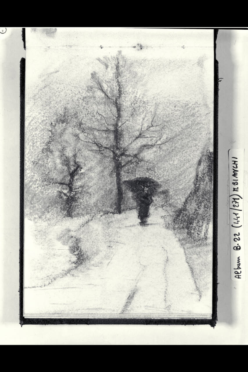 Sentiero di montagna con figuretta con ombrello che avanza (disegno) di Bianchi, Mosè; Bianchi, Mosè (seconda metà sec. XIX)