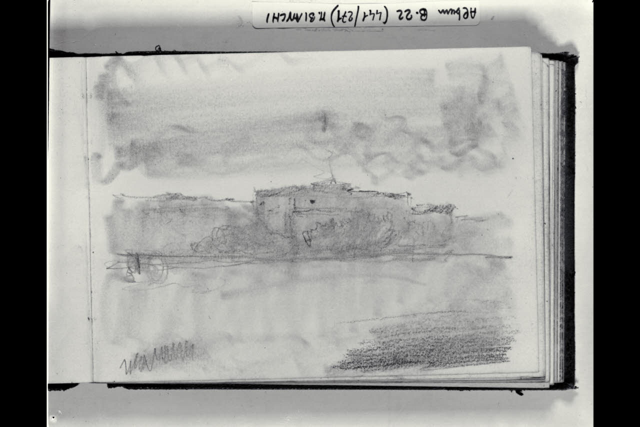 Palazzo lungo un corso d' acqua (disegno) di Bianchi, Mosè; Bianchi, Mosè (seconda metà sec. XIX)