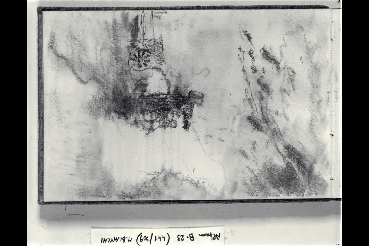 Figuretta di bimba in un giardino vicino a una carriola (disegno) di Bianchi, Mosè; Bianchi, Mosè (seconda metà sec. XIX)