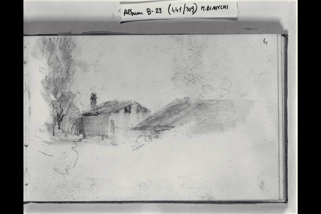 Casolari e alberi (disegno) di Bianchi, Mosè; Bianchi, Mosè (seconda metà sec. XIX)