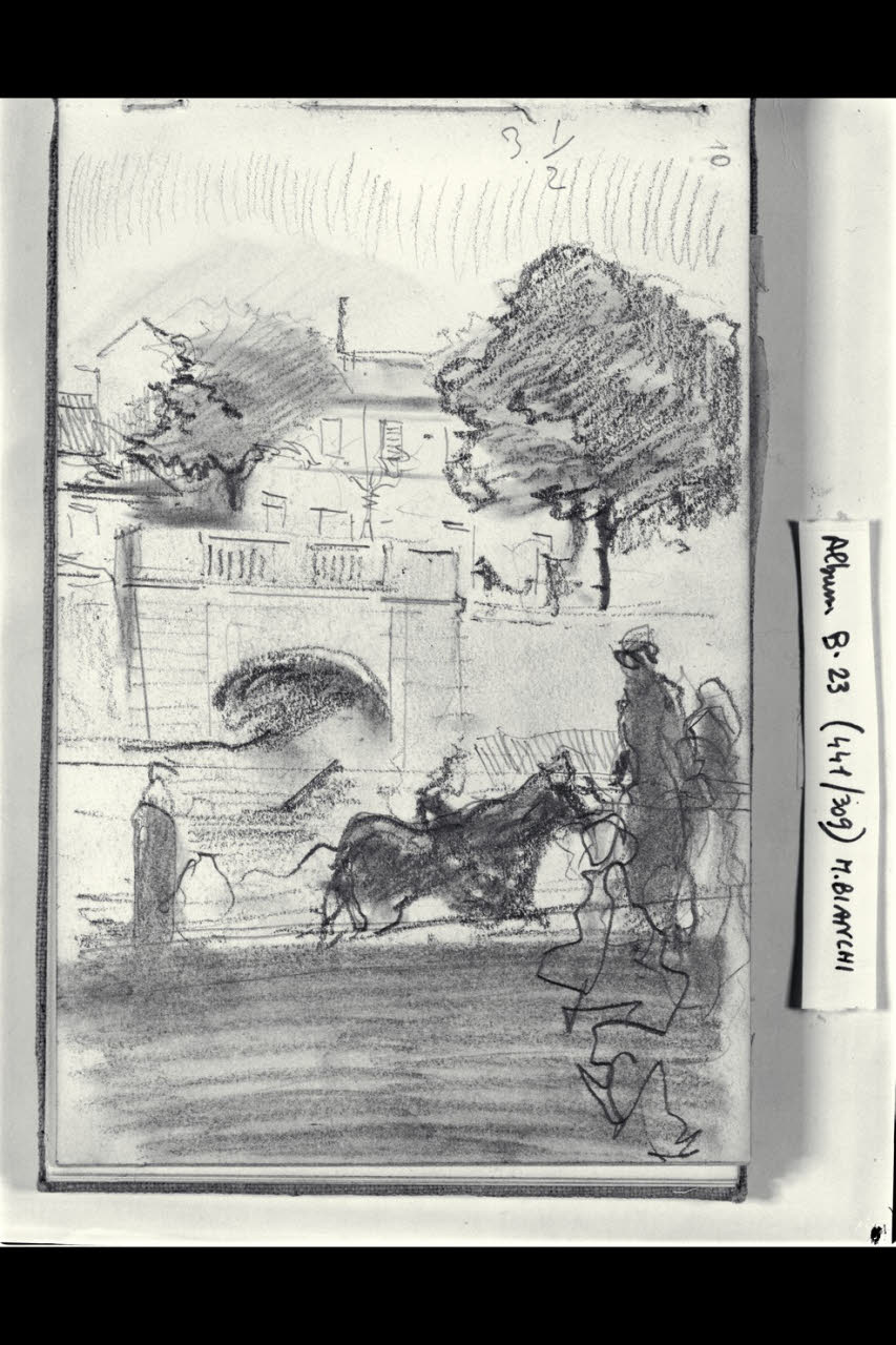 Abbozzo di una scenetta lungo un naviglio urbano (disegno) di Bianchi, Mosè; Bianchi, Mosè (seconda metà sec. XIX)