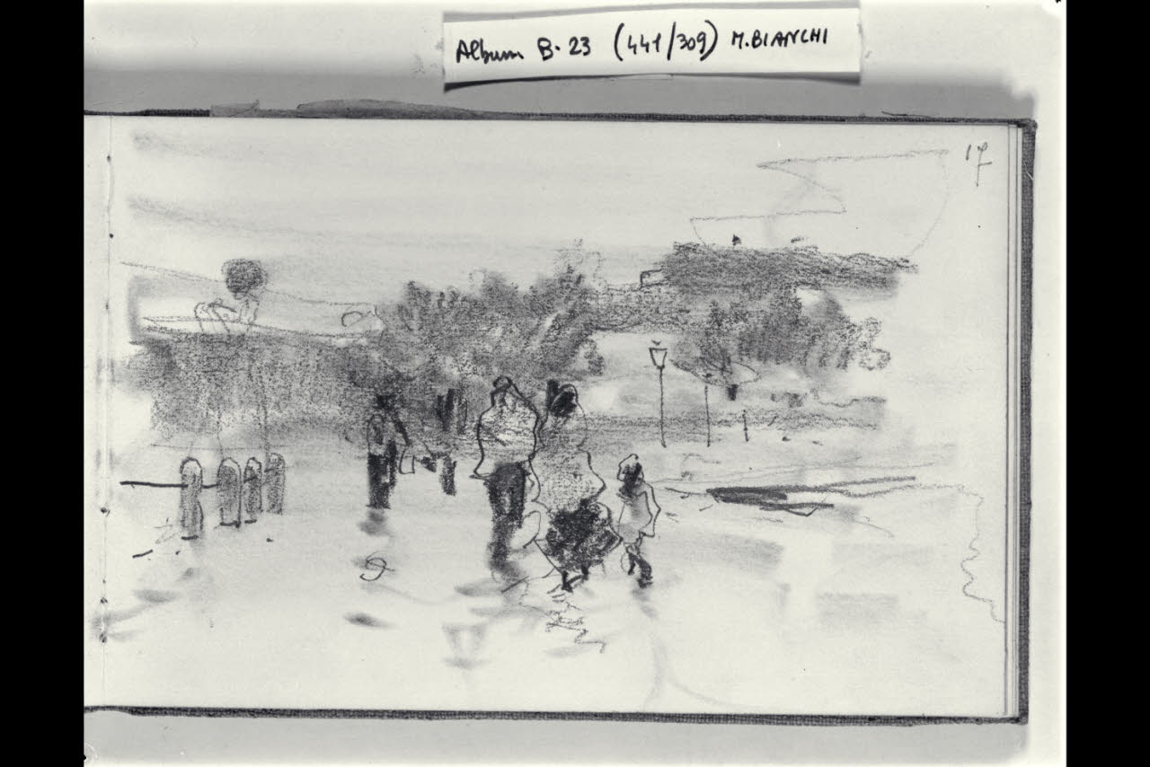 Strada urbana con macchiette (disegno) di Bianchi, Mosè; Bianchi, Mosè (seconda metà sec. XIX)