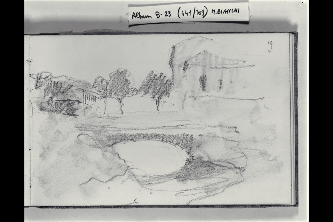 Ponte su un piccolo canale con case sul fondo (disegno) di Bianchi, Mosè; Bianchi, Mosè (seconda metà sec. XIX)