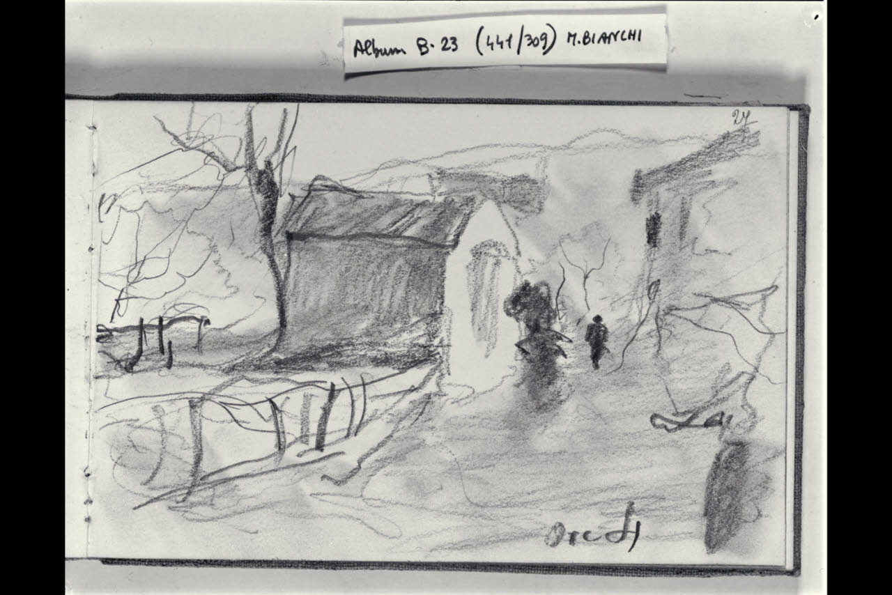 Strada campestre con casolari e una macchietta (disegno) di Bianchi, Mosè; Bianchi, Mosè (seconda metà sec. XIX)