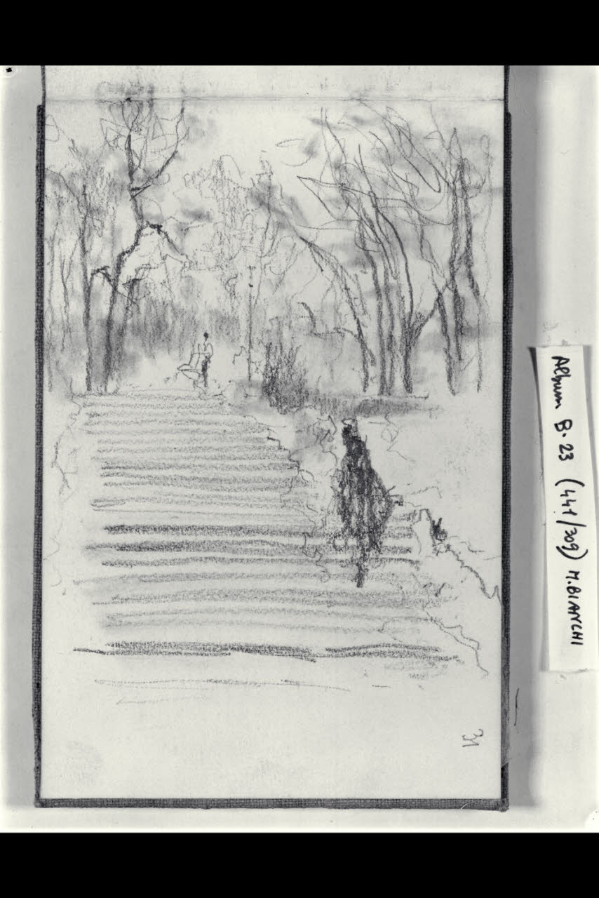 Figuretta in atto di salire una scalinata immersa tra gli alberi (disegno) di Bianchi, Mosè; Bianchi, Mosè (seconda metà sec. XIX)