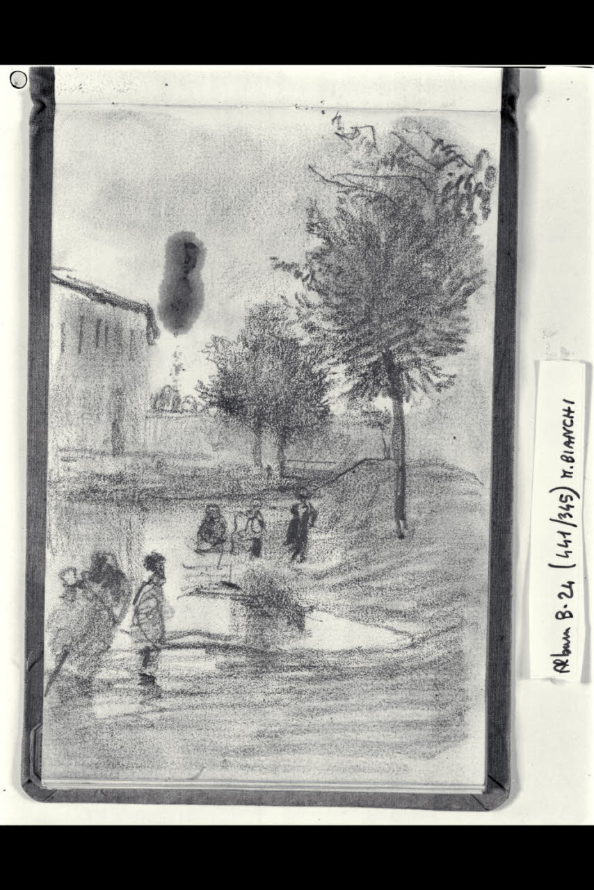 Casa lungo un corso d'acqua alberato con macchiette (disegno) di Bianchi, Mosè; Bianchi, Mosè (seconda metà sec. XIX)