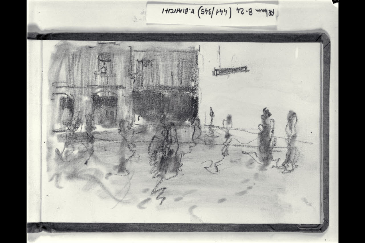 Strada urbana con macchiette (disegno) di Bianchi, Mosè; Bianchi, Mosè (seconda metà sec. XIX)