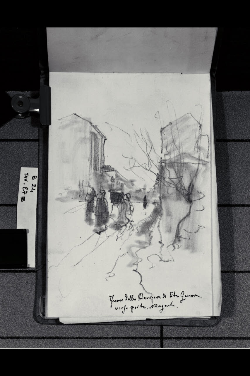 Strada urbana con macchiette fuori della Barriera di Porta Genova verso Porta Magenta (disegno) di Bianchi, Mosè; Bianchi, Mosè (seconda metà sec. XIX)