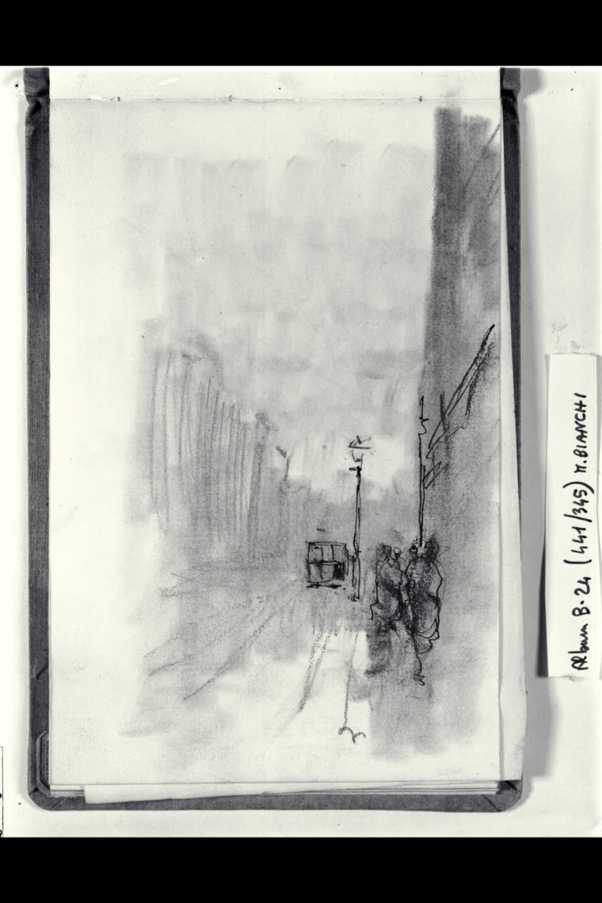 Strada urbana con tranvai e figurette (disegno) di Bianchi, Mosè; Bianchi, Mosè (seconda metà sec. XIX)