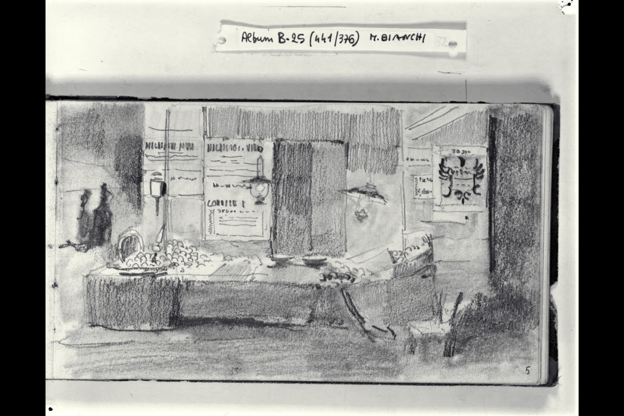 Bancarella davanti a un negozio (disegno) di Bianchi, Mosè; Bianchi, Mosè (seconda metà sec. XIX)