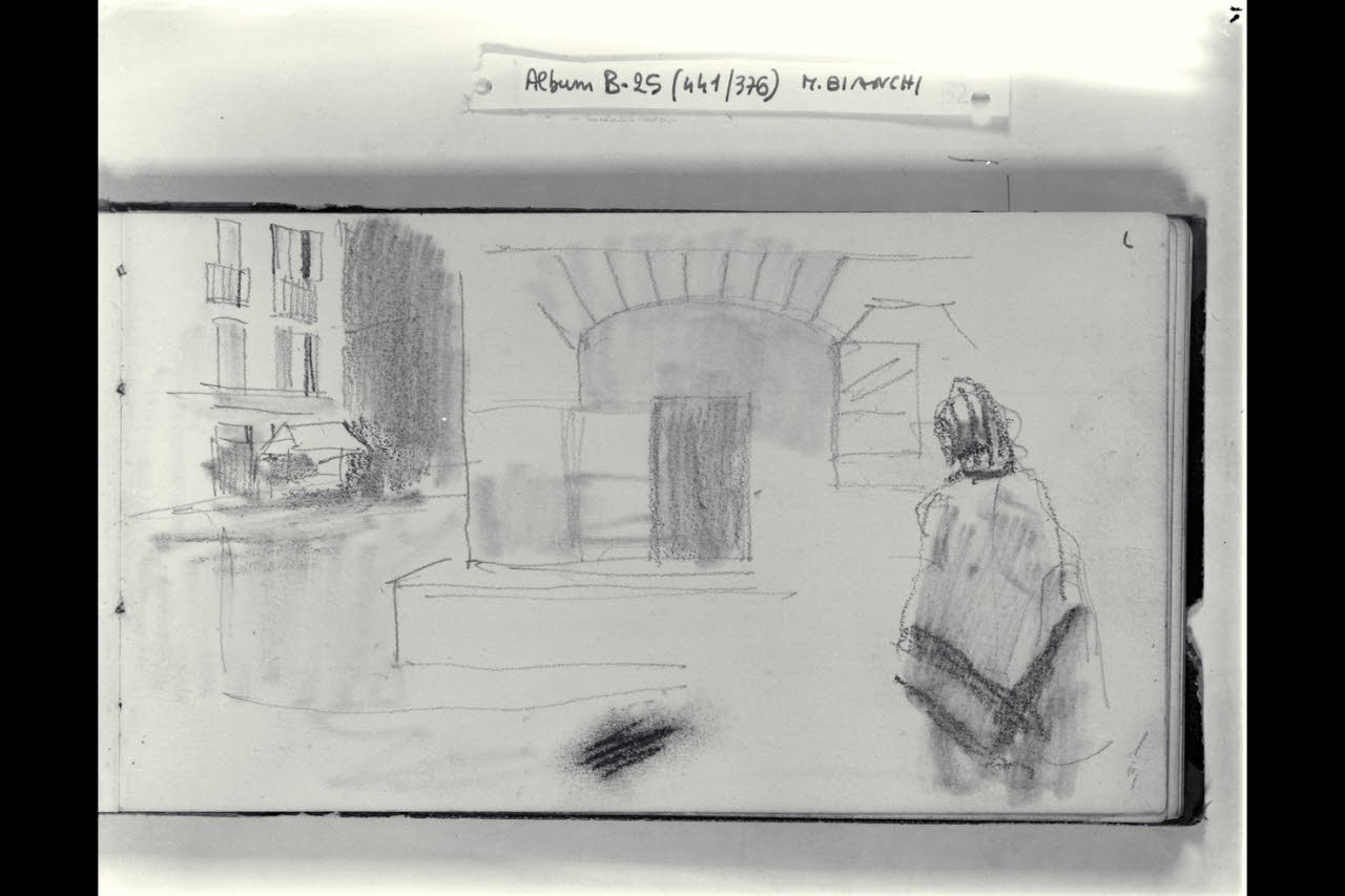 Strada urbana con una figuretta femminile di spalle (disegno) di Bianchi, Mosè; Bianchi, Mosè (seconda metà sec. XIX)