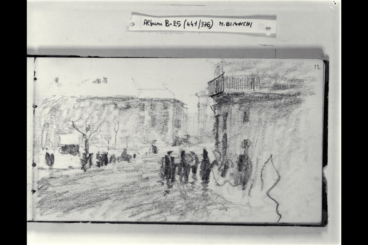 Piazza Sant'Eustorgio a Milano vista dall' angolo di via Scaldasole (disegno) di Bianchi, Mosè; Bianchi, Mosè (seconda metà sec. XIX)