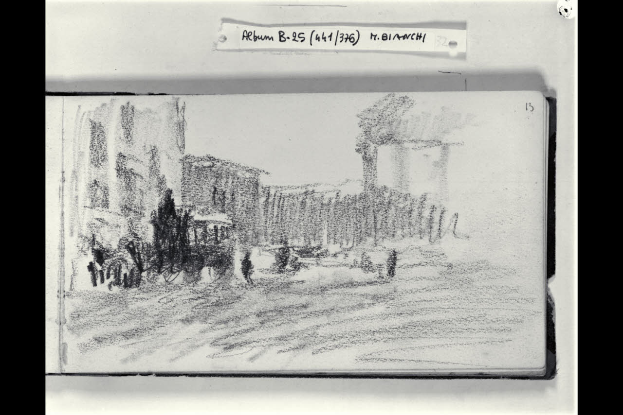 Piazza urbana con vettura ferma (disegno) di Bianchi, Mosè; Bianchi, Mosè (seconda metà sec. XIX)